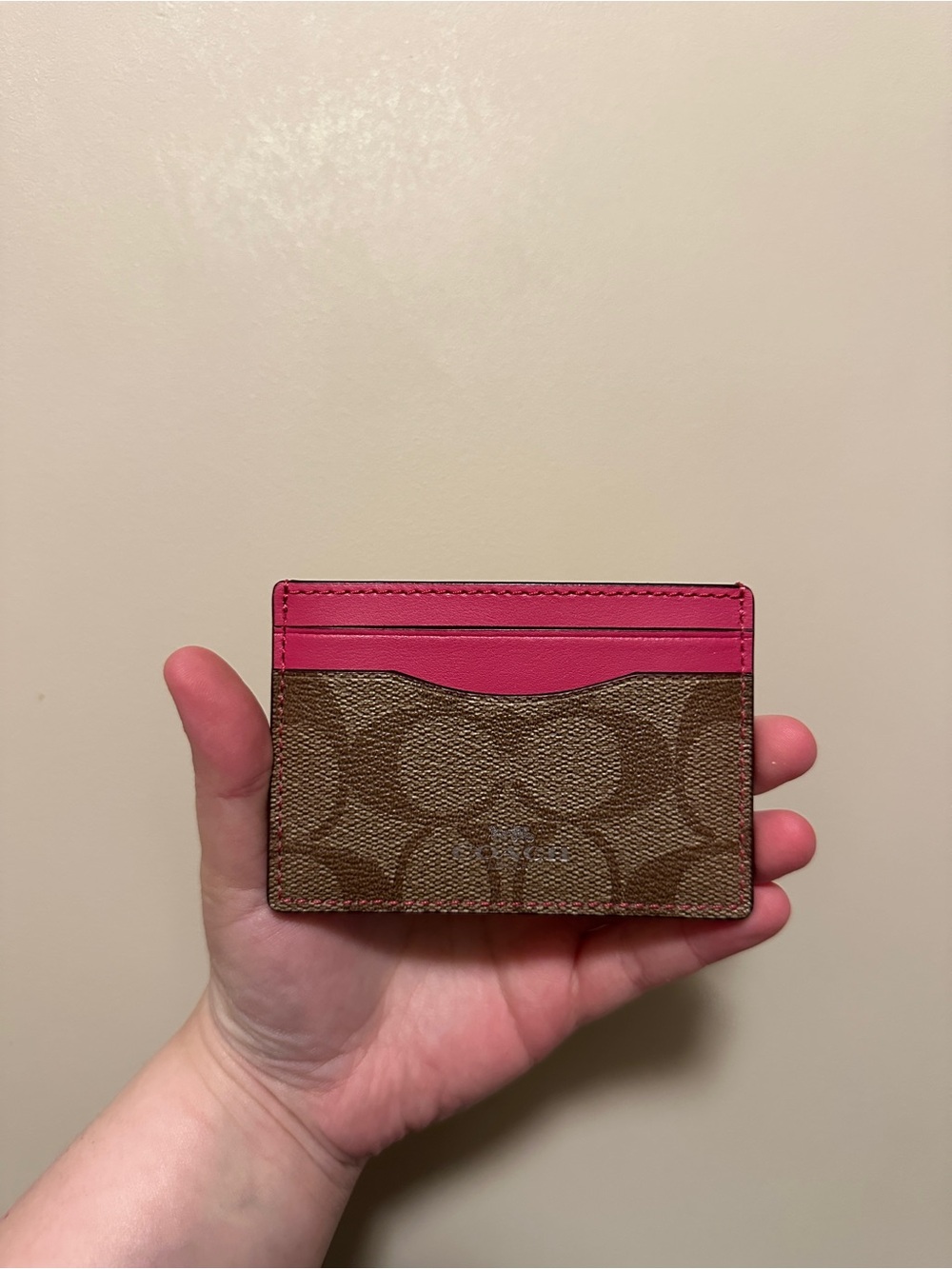 Coach Brown Signature Canvas Card Holder with Pink Trim